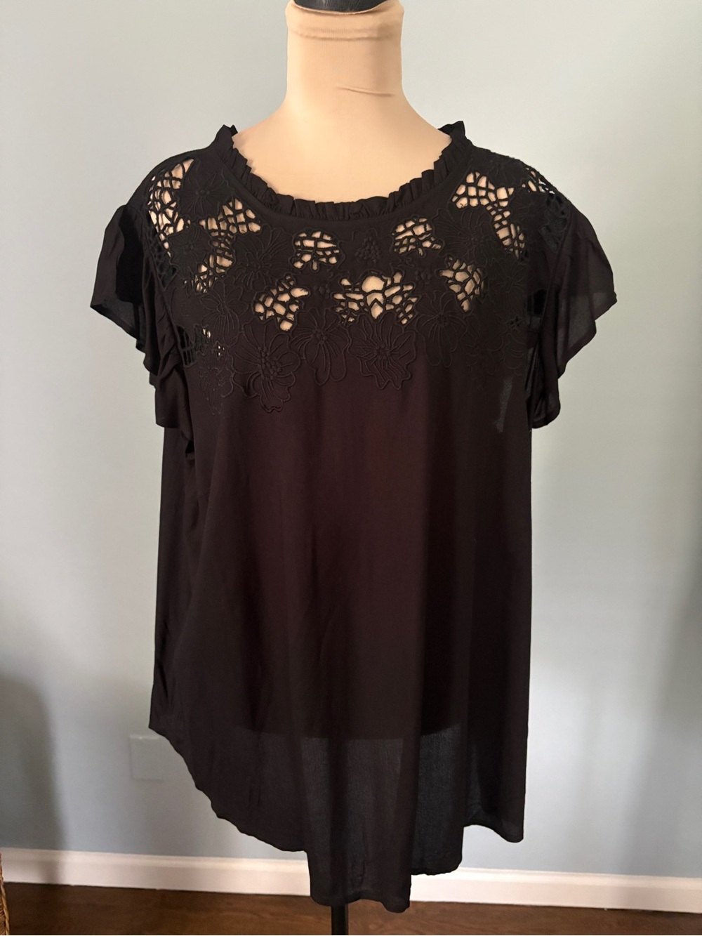 Preswick & Moore Black Crochet Yoke Flutter Sleeve Blouse